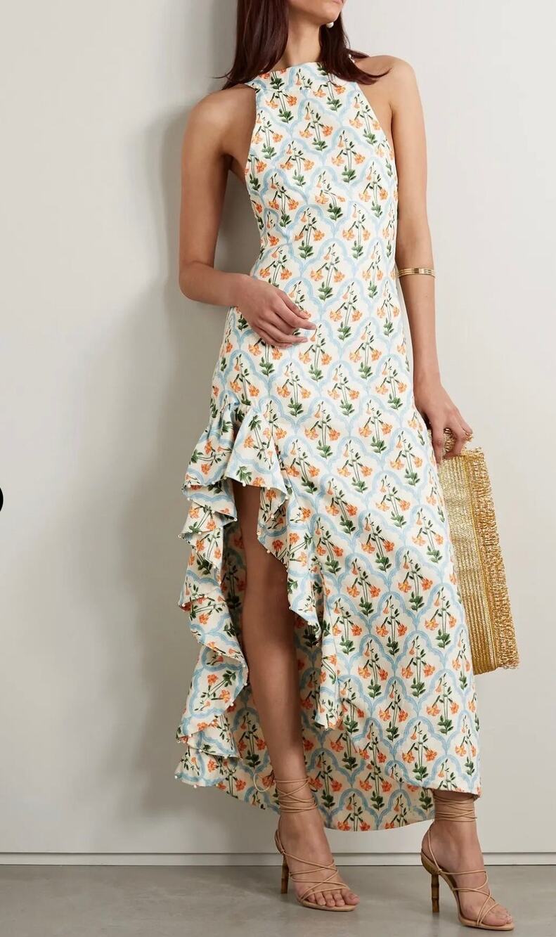 Agua by Agua Bendita Maxi Dress Linen Gerbera Ruffle Beaded Long Dress Sz S